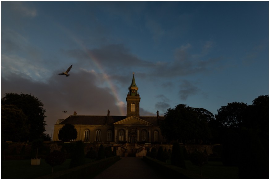 Rainbow at sunset over the gardens of beautiful Dublin wedding venue
