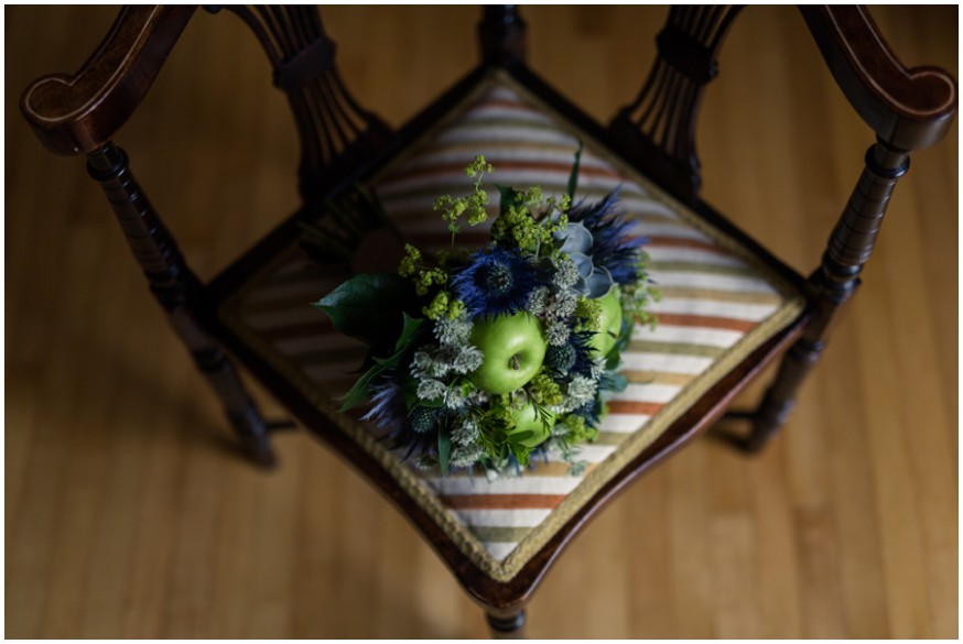 Fun unique apple themed green and blue wedding bouquet 