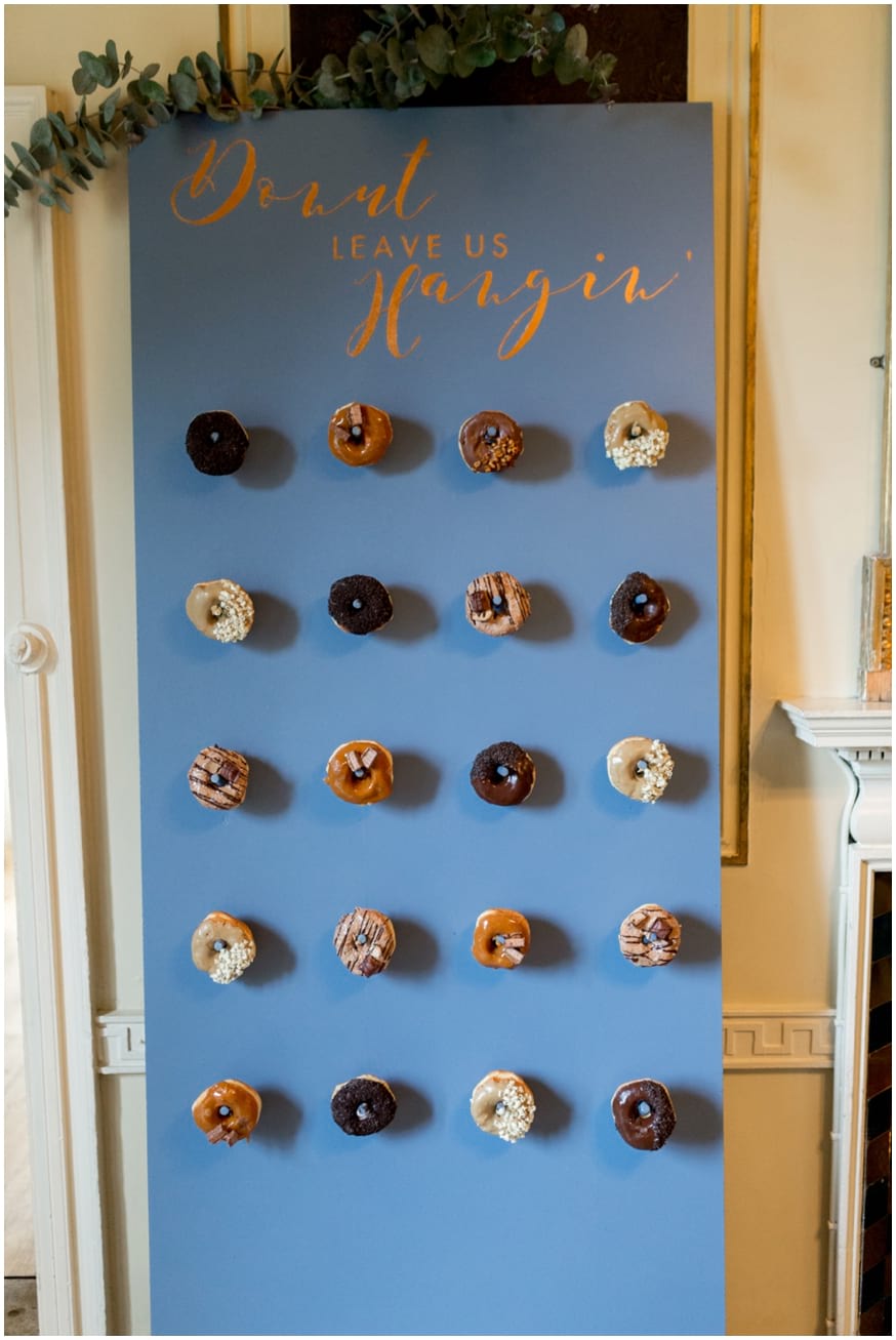 Donut wall at wedding reception 